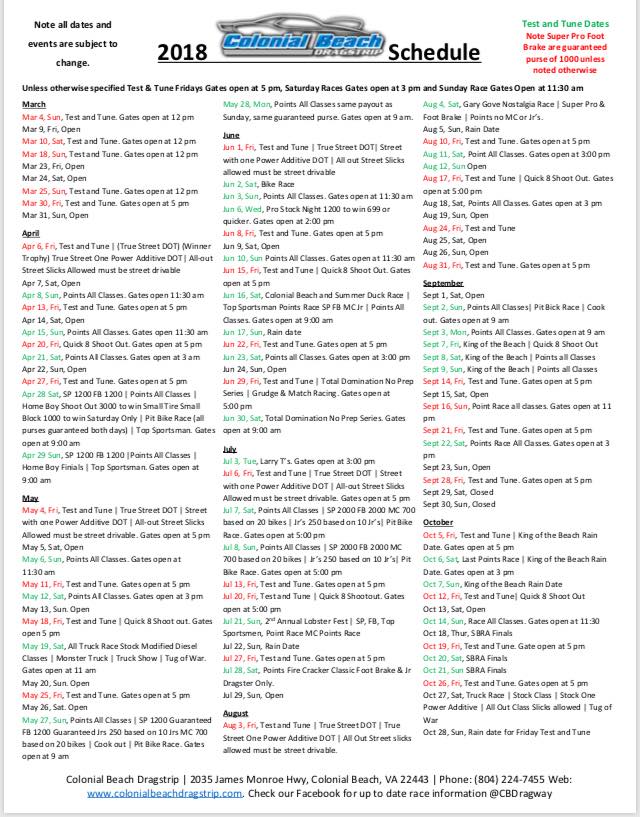 Colonial Beach Dragway 2022 Schedule