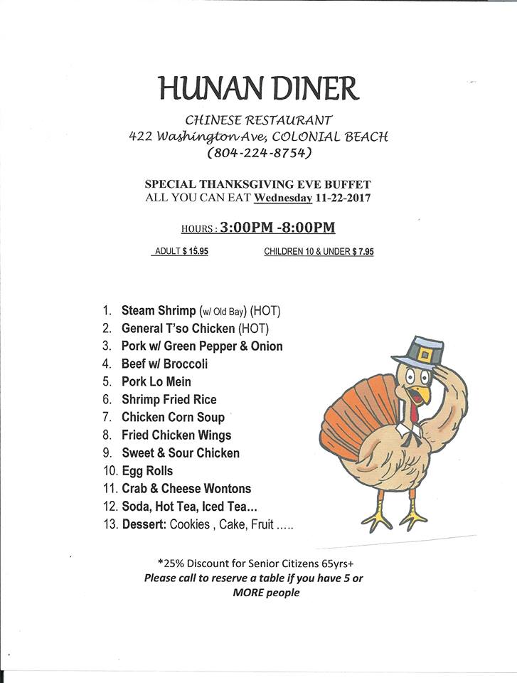 Hunan Diner Thanksgiving Eve menu
