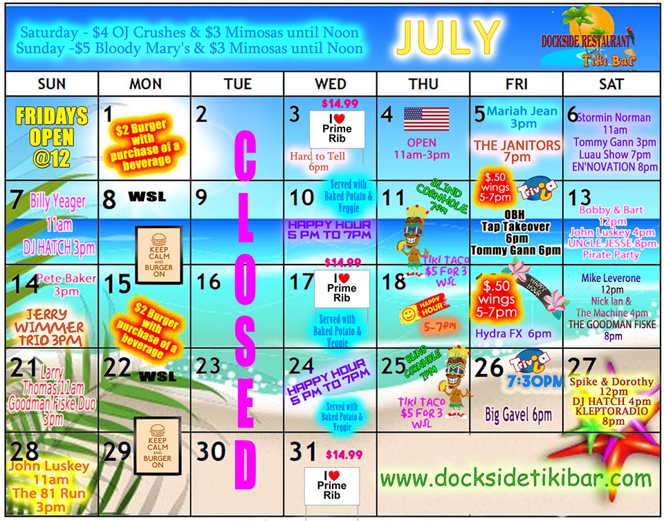 Dockside's July 2019 calendar