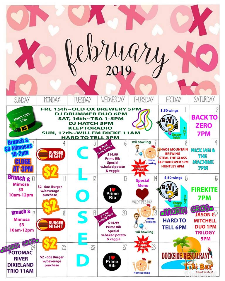 Dockside February 2019 Calendar