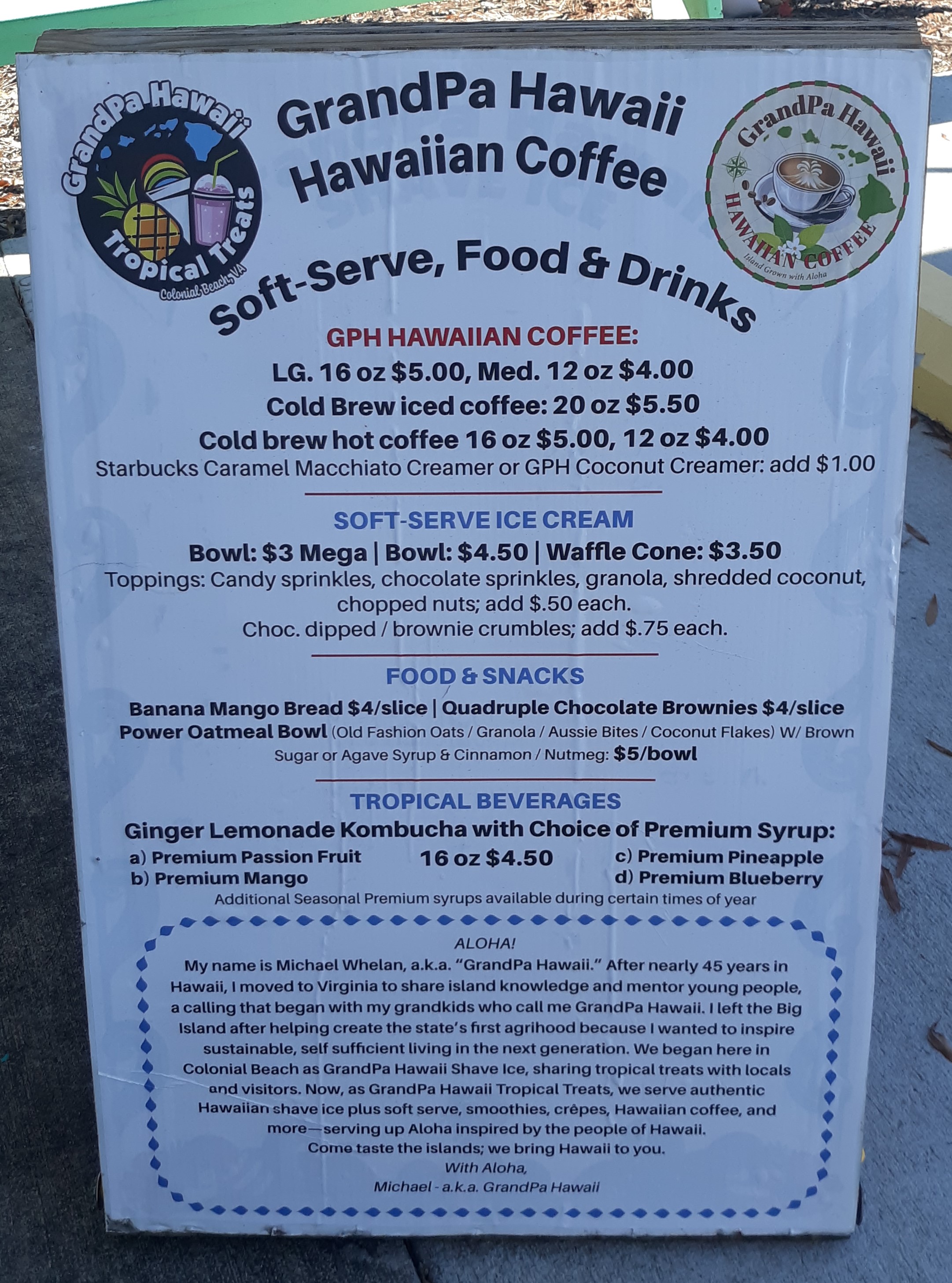 GrandPa Hawaii Food Drinks Menu sign