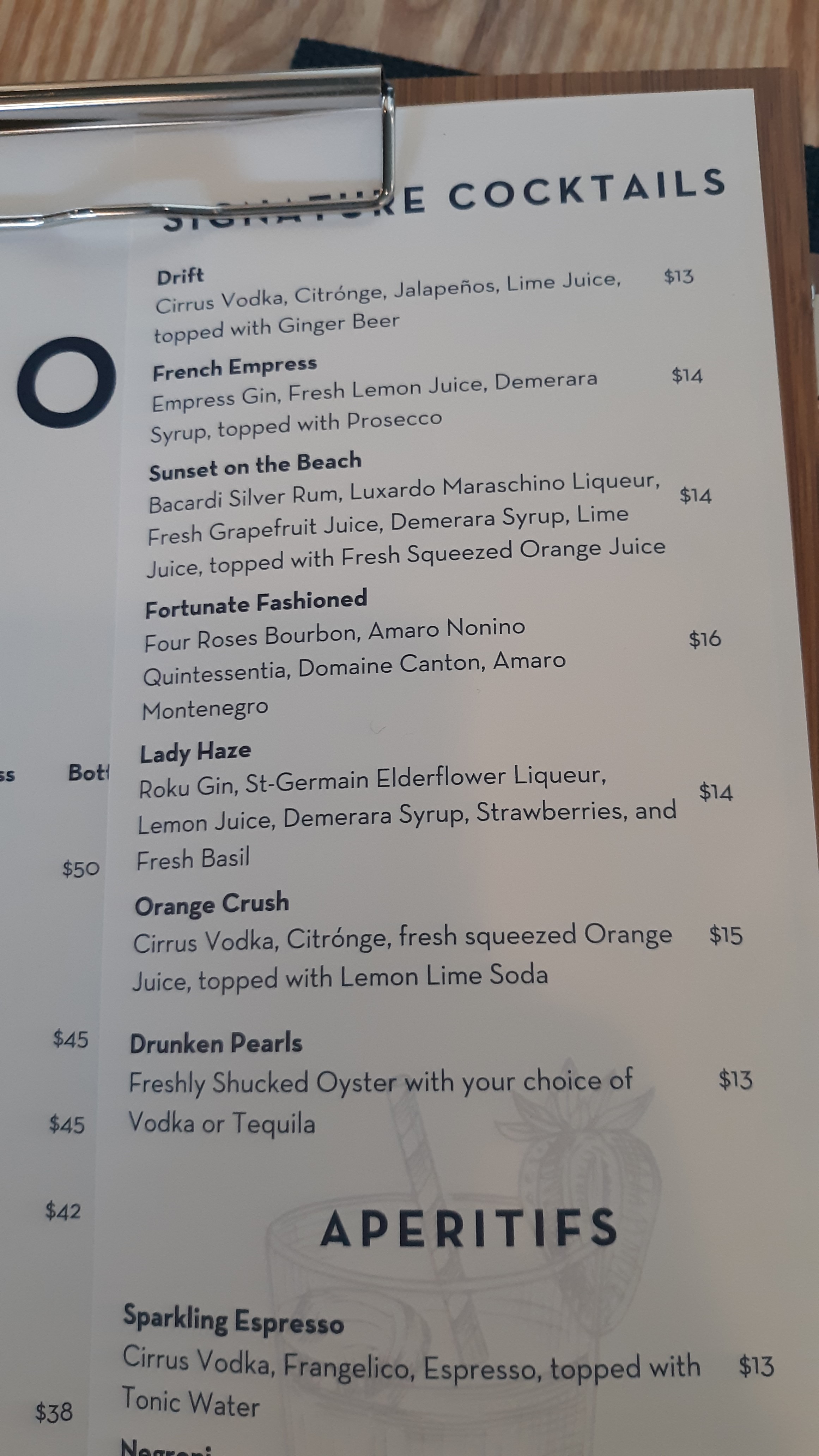 Drift Seafood Cocktail Menu