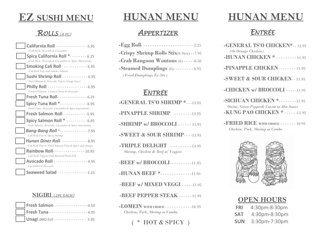 Hunan Diner Menu effective July 2025
