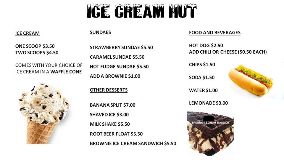 Ice Cream Hut menu