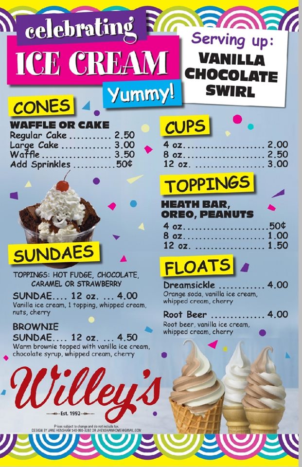 Willeys Ice cream menu