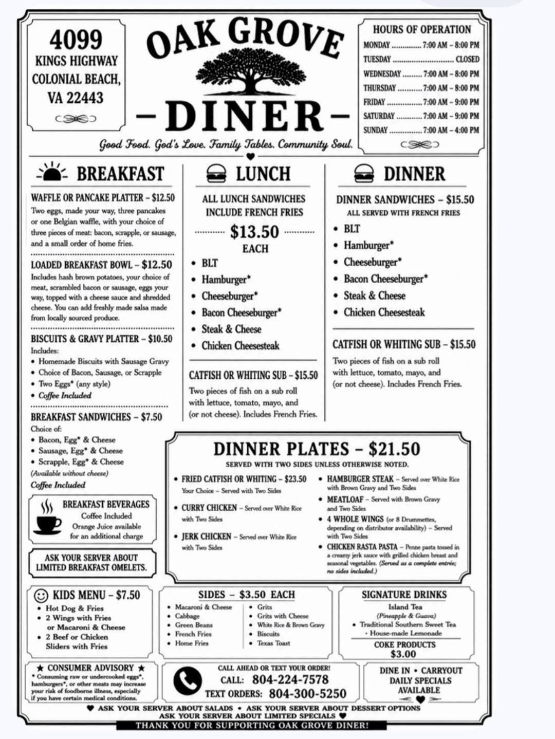 Oak Grove Diner Menu Oak Grove Diner Menu