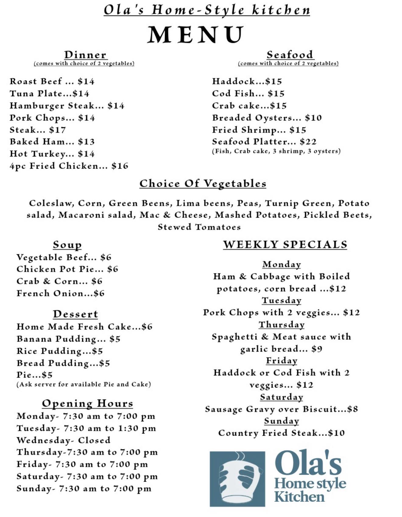 Ola's Homestyle Kitchen Menu 2