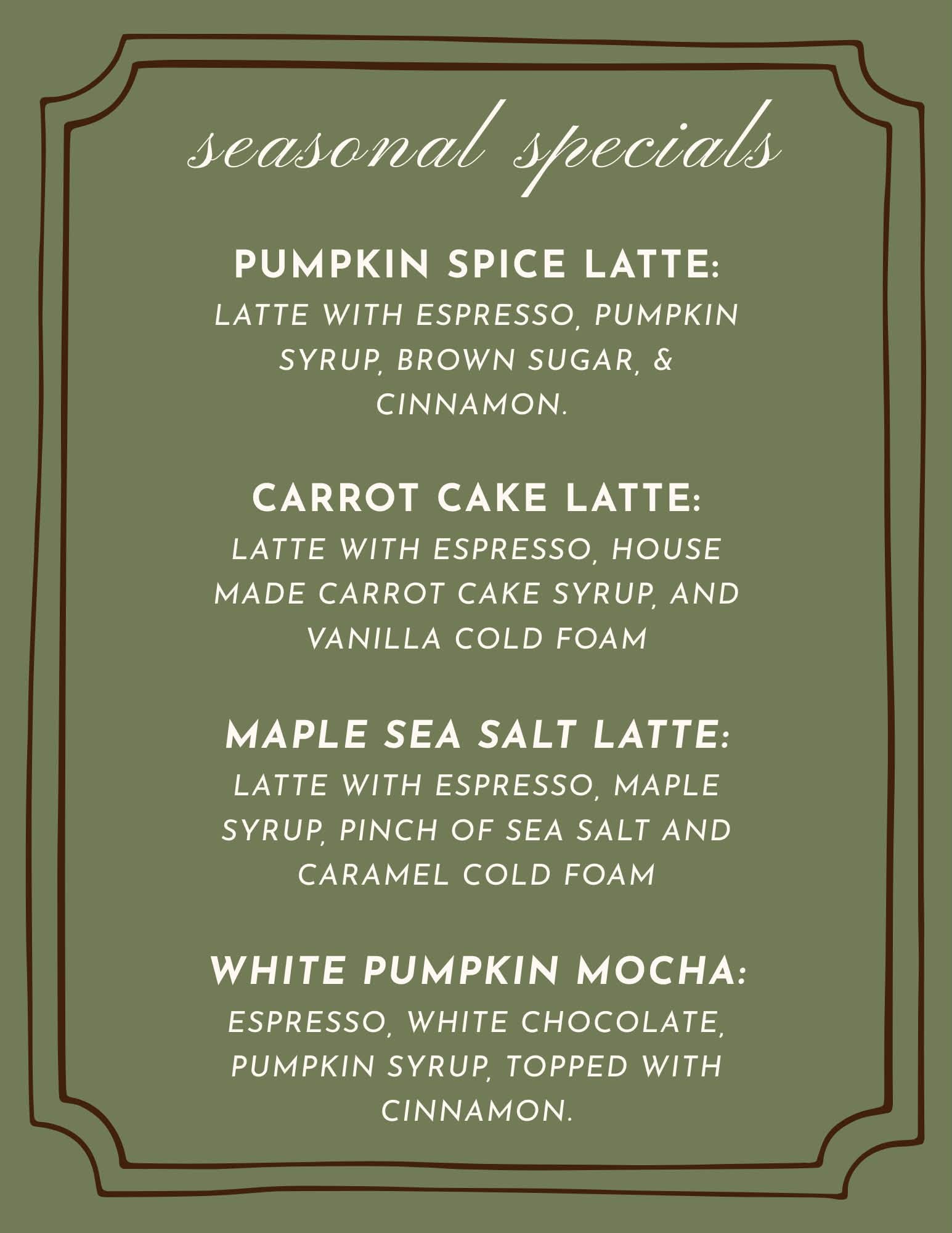 Potomac Perk seasonal specials menu