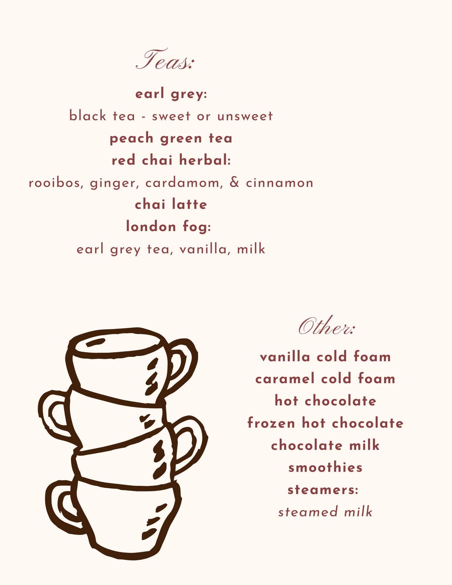 Potomac Perk tea menu