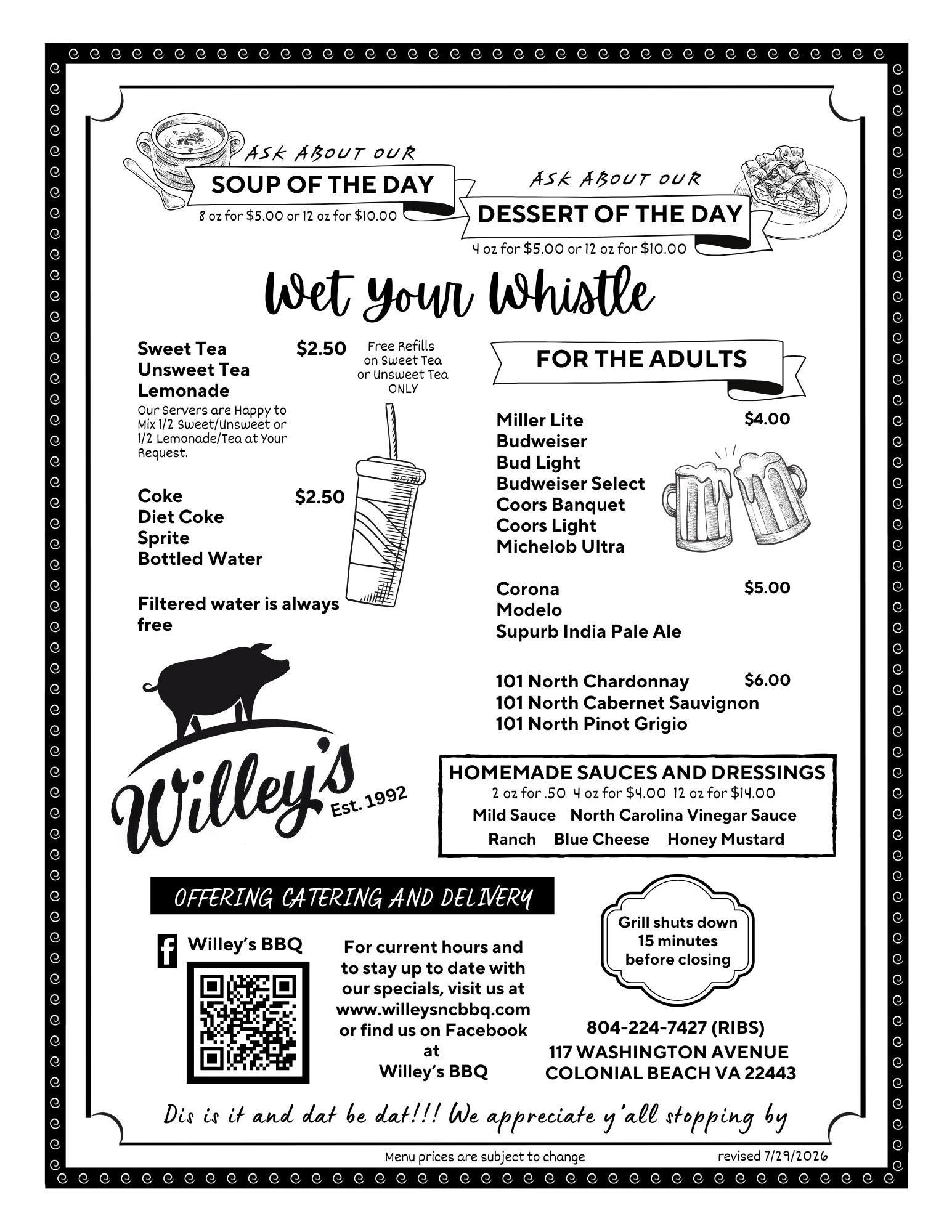 Willeys Menu 2026 back side Willeys Menu 2026 back side