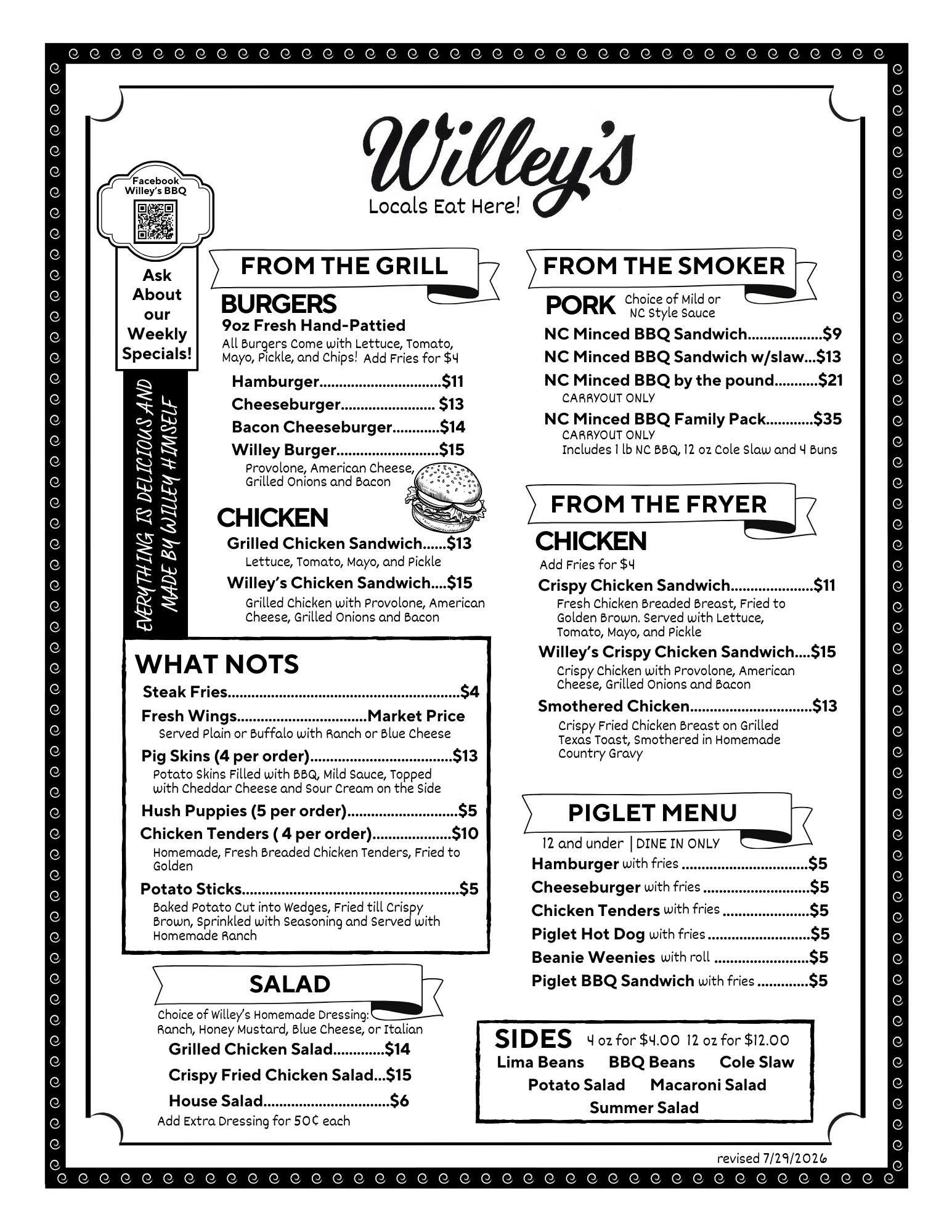 Willeys Menu 2026 front side Willeys Menu 2026 front side