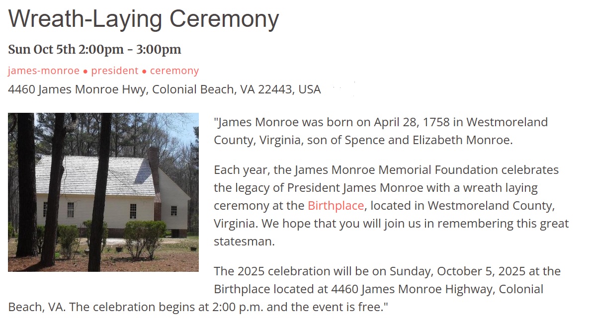 Oct. 2025 Wreath Laying at Monroe Birthplace