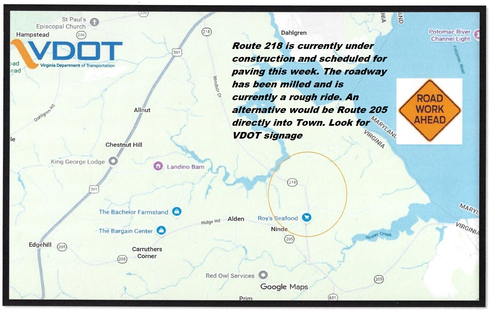 Route 218 Paving Alert