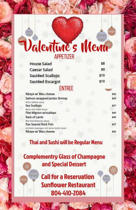 Sunflower Menu for 2026 Valentines Day
