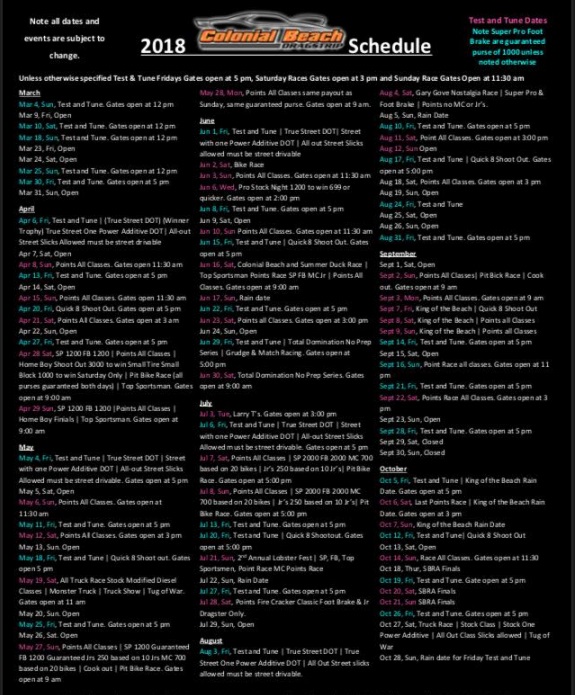 Dragstrip 2018 Schedule