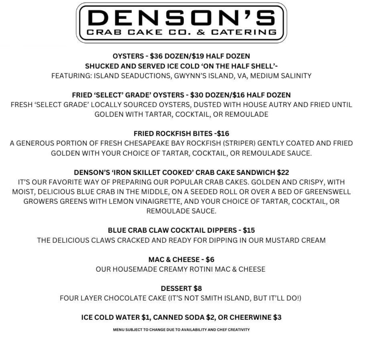 Densons Menu for Watermens Festival 2026