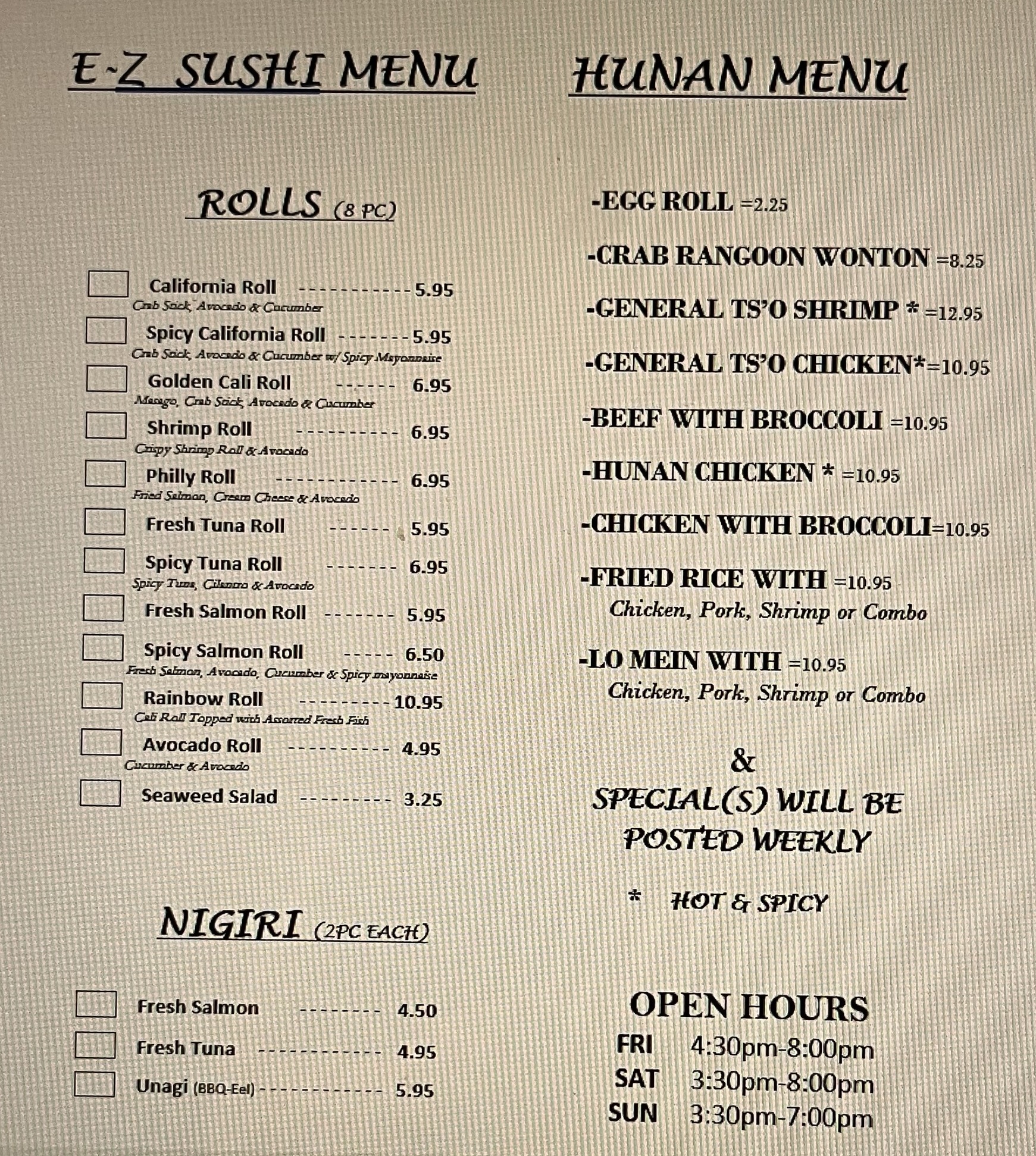 Hunan Diner Spring 2025 Menu