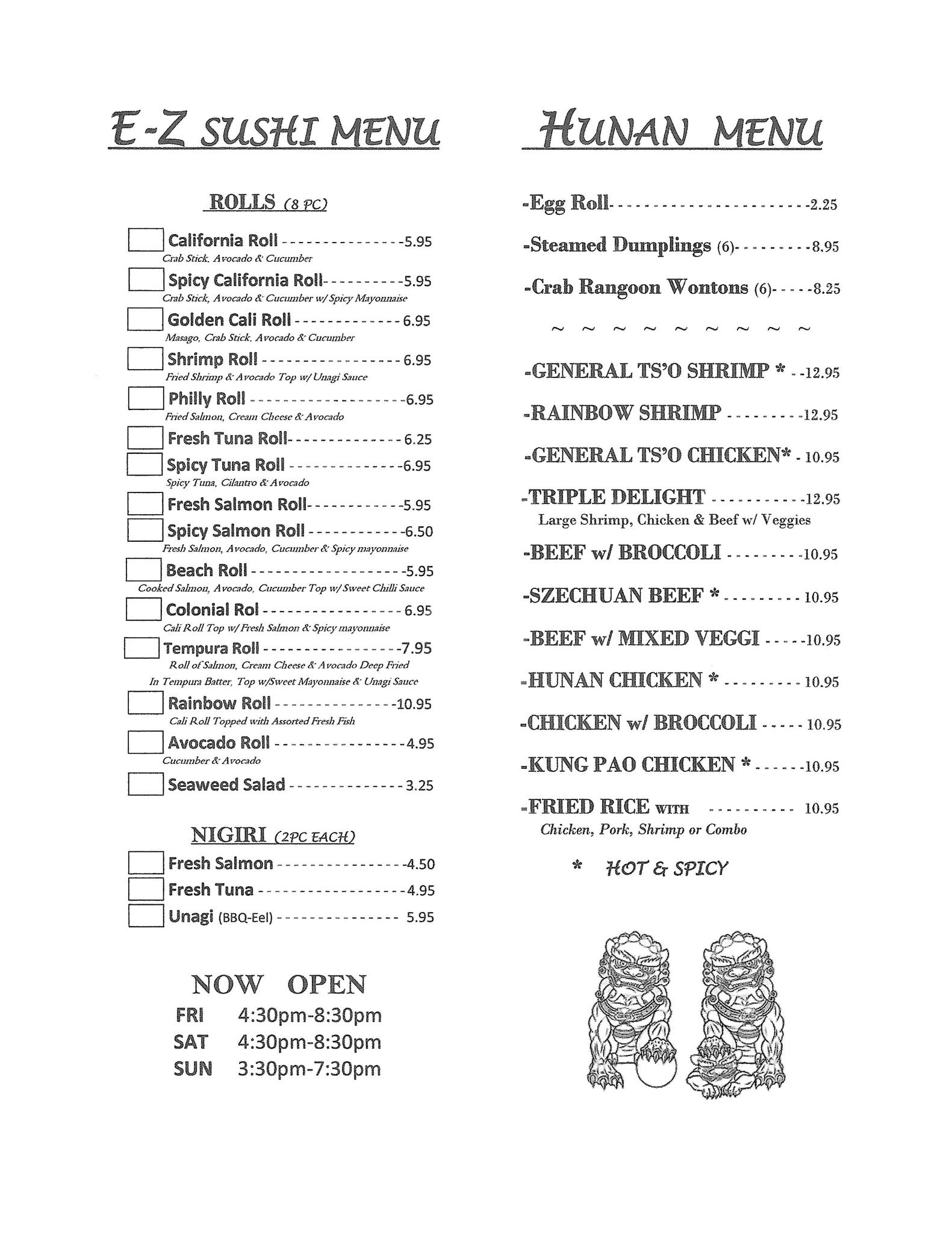 Hunan Diner May 2025 Menu