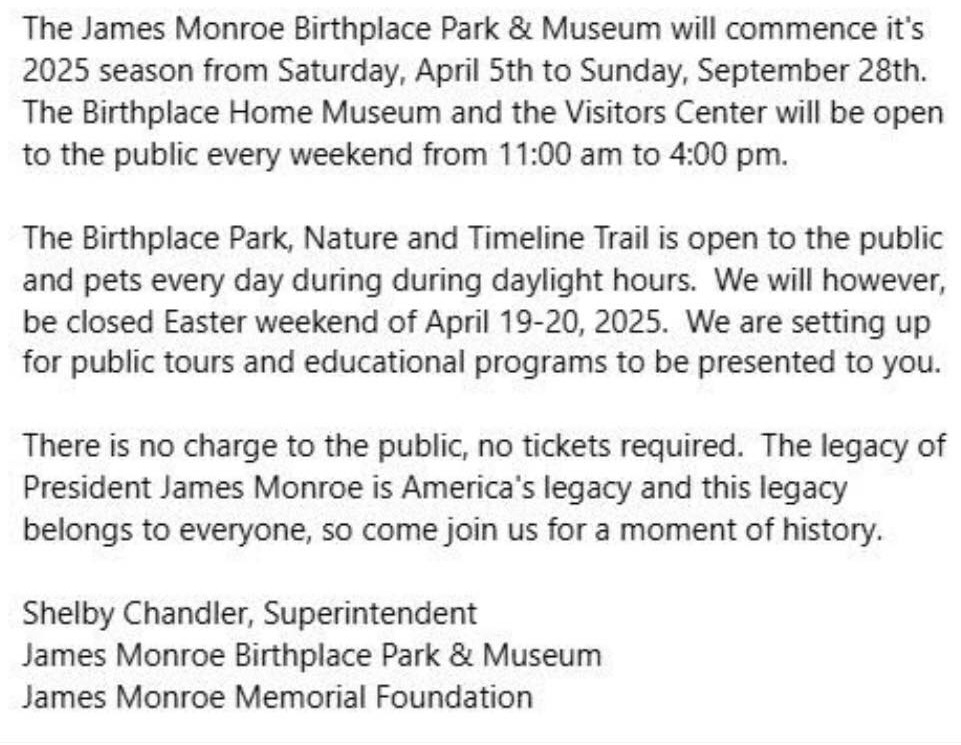 2025 Season James Monroe Birthplace