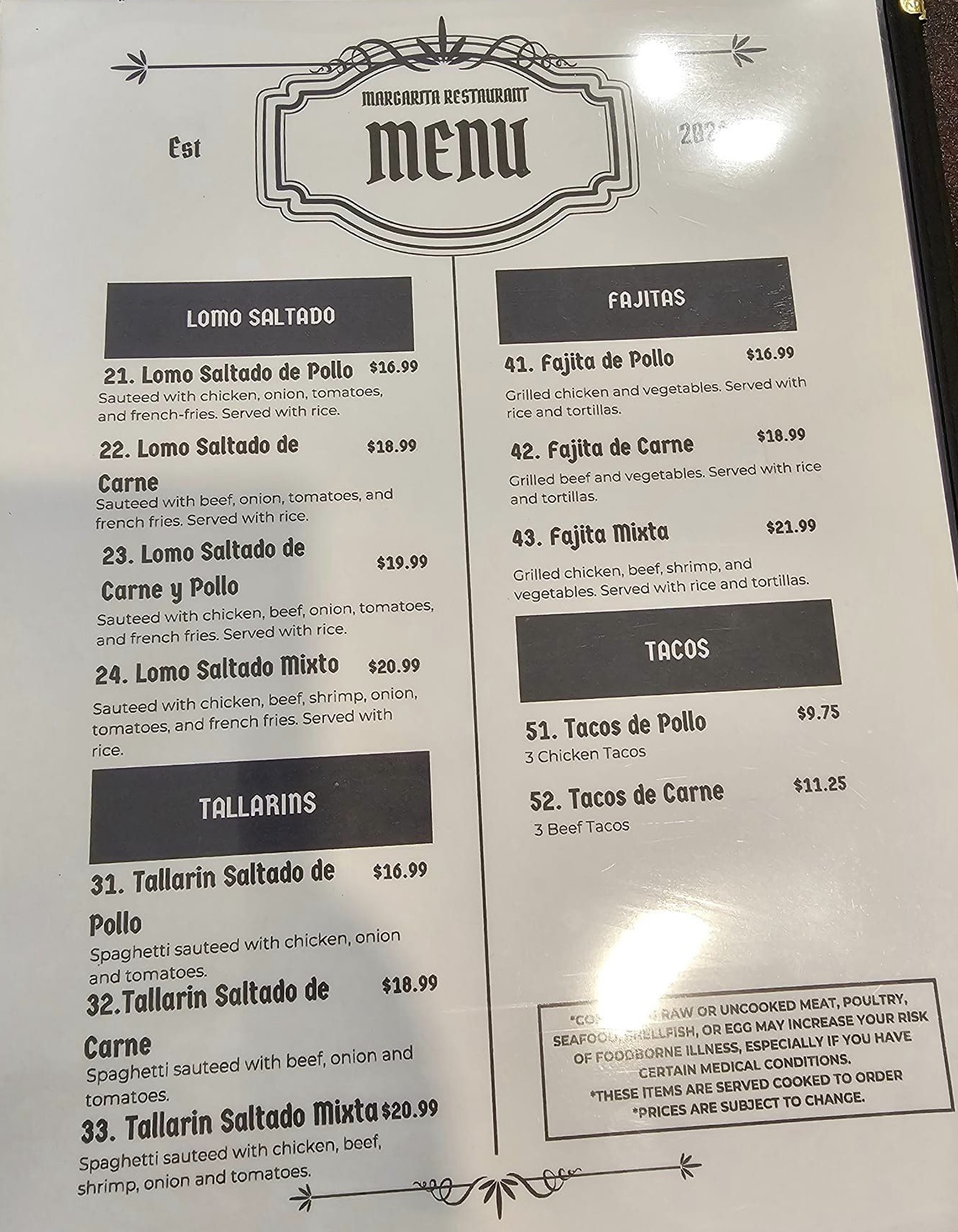 Margarita Restaurant Menu Page 3
