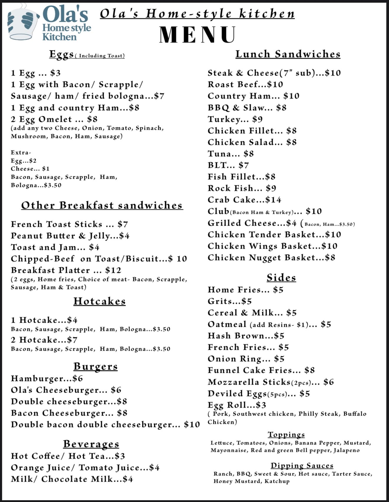 Ola's Homestyle Kitchen Menu 1