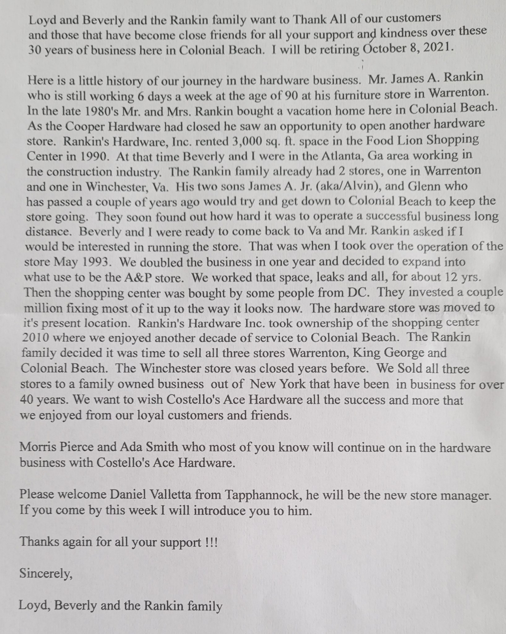 Rankins Retiring Letter