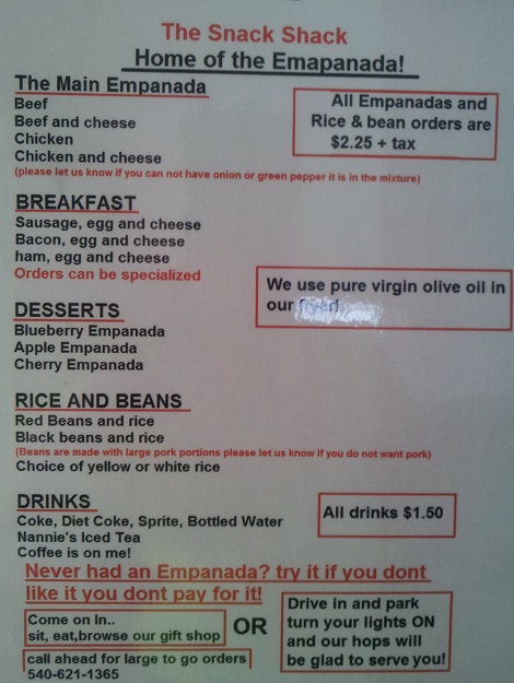 Snack Shack Menu