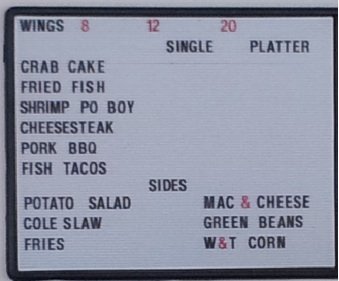 Hot Wings menu